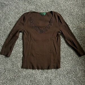 LAUREN RALPH LAUREN brown lace neck long sleeve tee